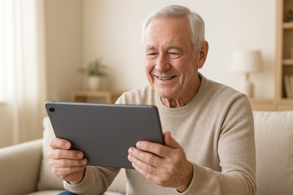 Old man holding a large tablet