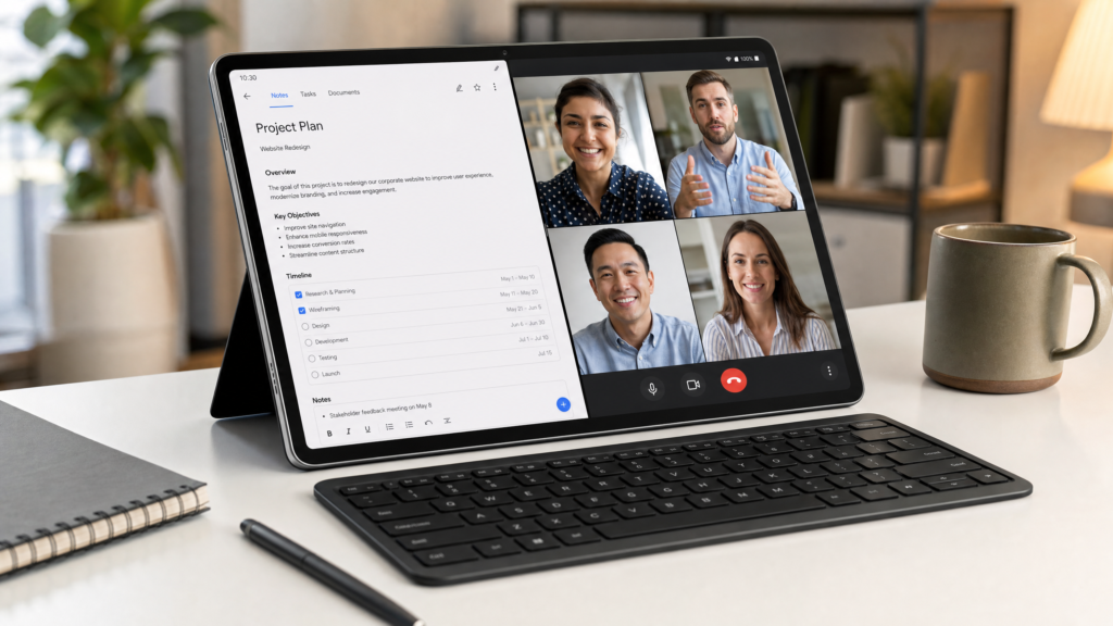 14 inch Android tablet on a desk showing split-screen productivity and video call