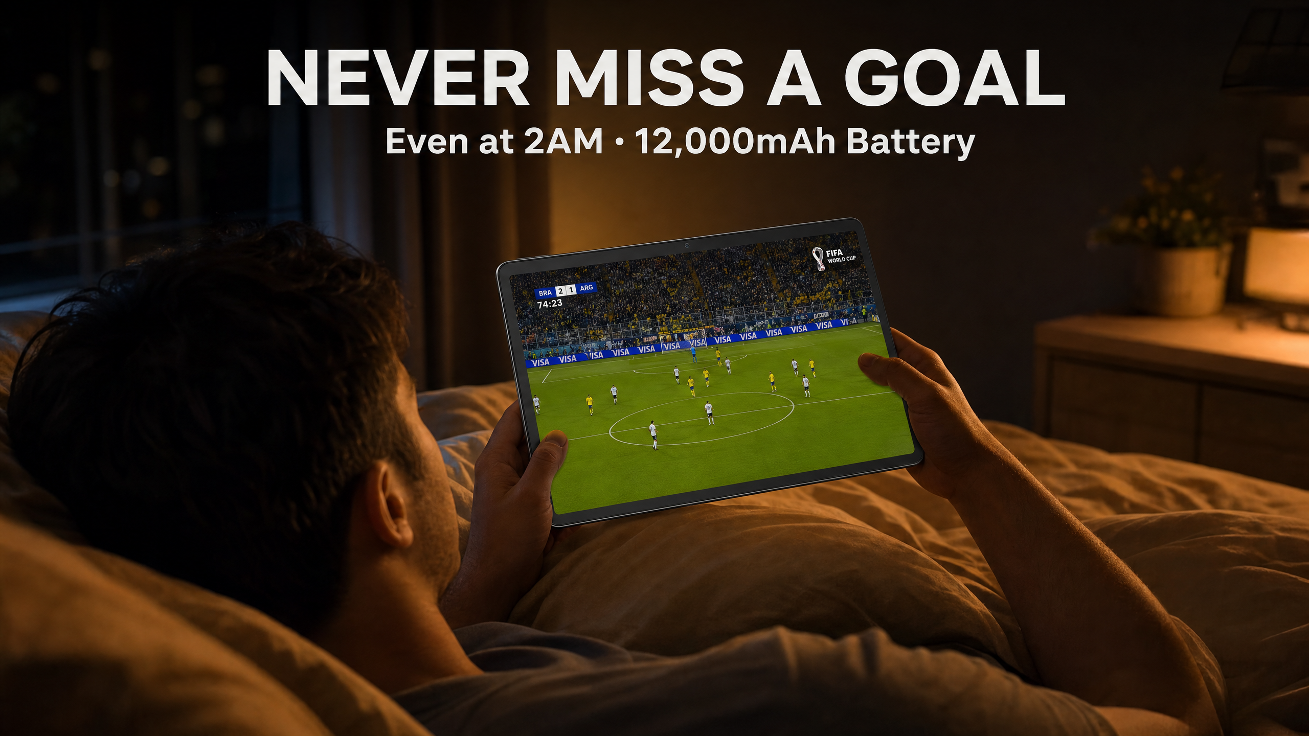Person watching World Cup on Meswao 15.6 inch tablet in bed