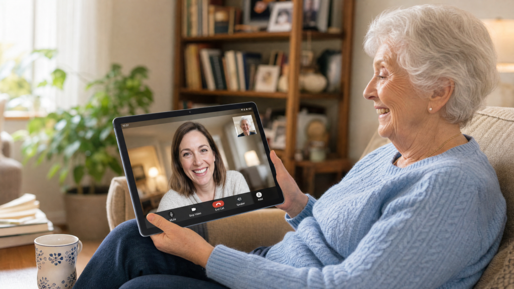 Elderly woman using a large screen Android tablet for video call