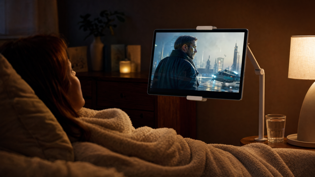 Person watching movie on a large tablet in bed as TV replacement