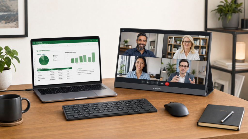 Portable monitor connected to laptop for dual screen work from home setup
