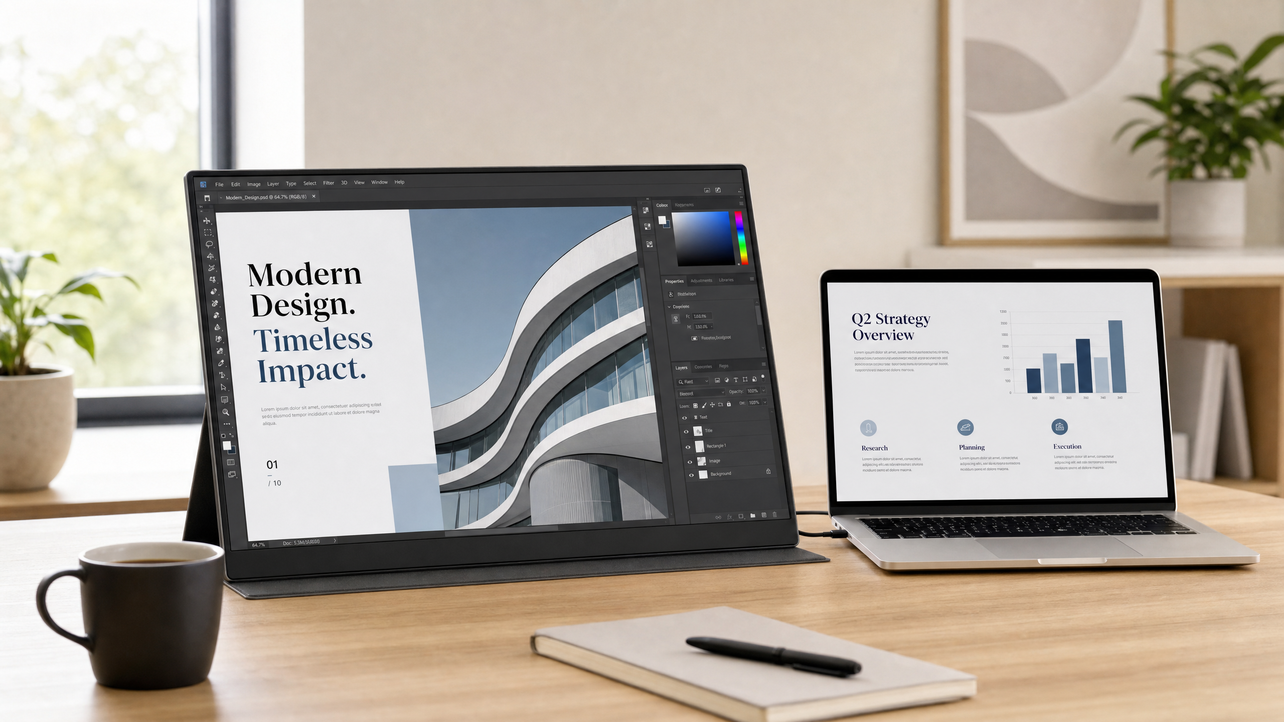 Portable 24-inch monitor connected to MacBook Pro via USB-C on a modern desk