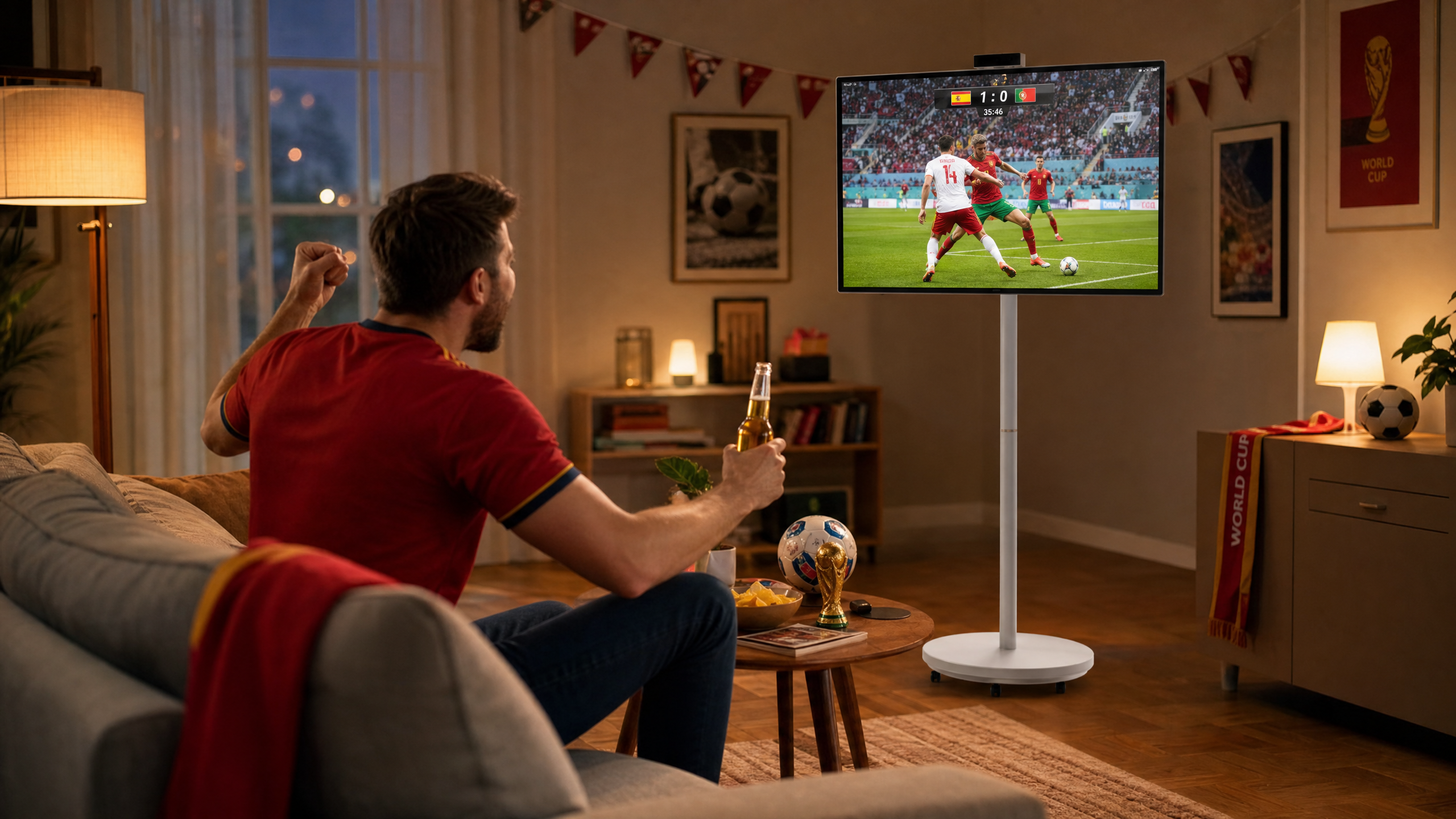 Meswao Portable TV on white round base showing World Cup football match in living room