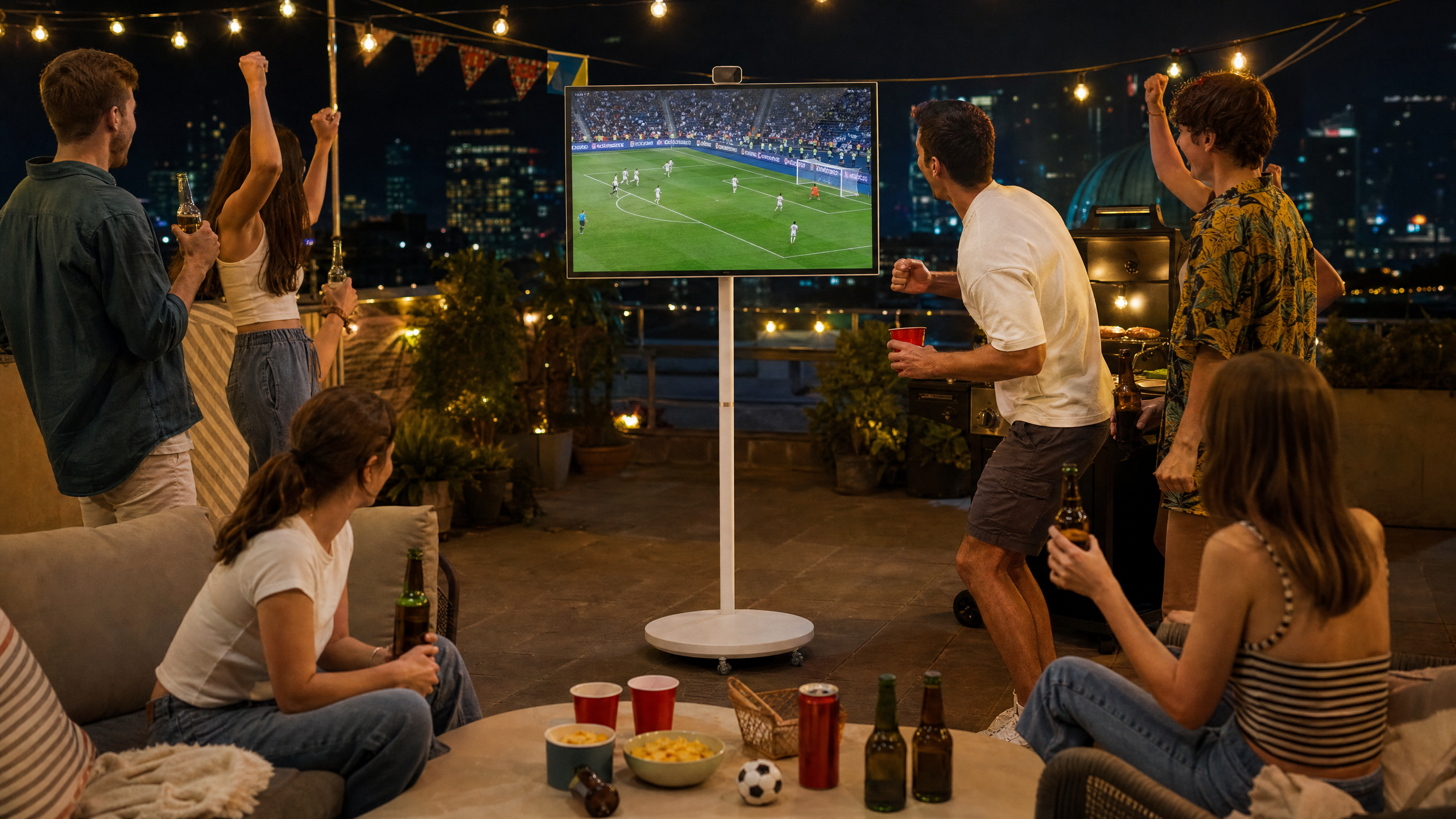 Friends watching football on a Meswao Portable TV on the patio