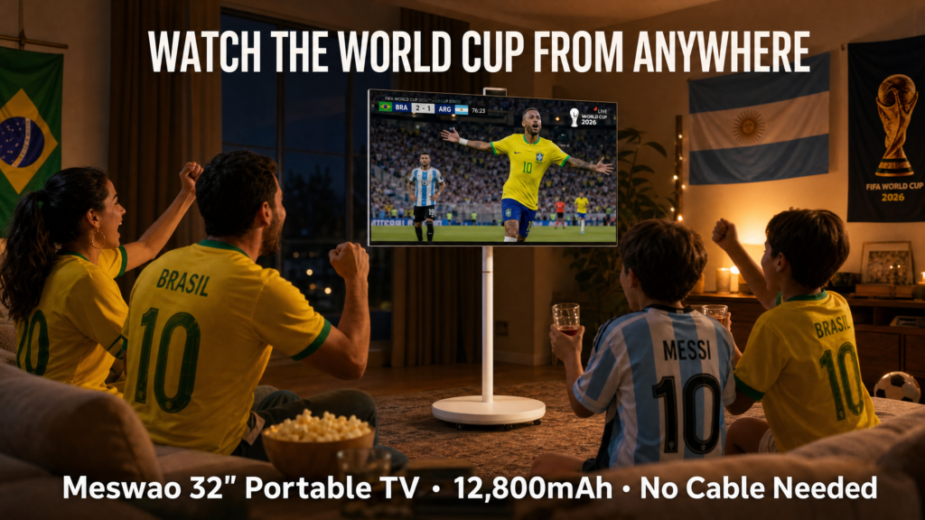 Family watching 2026 FIFA World Cup on Meswao 32 inch portable TV on wheels in living room