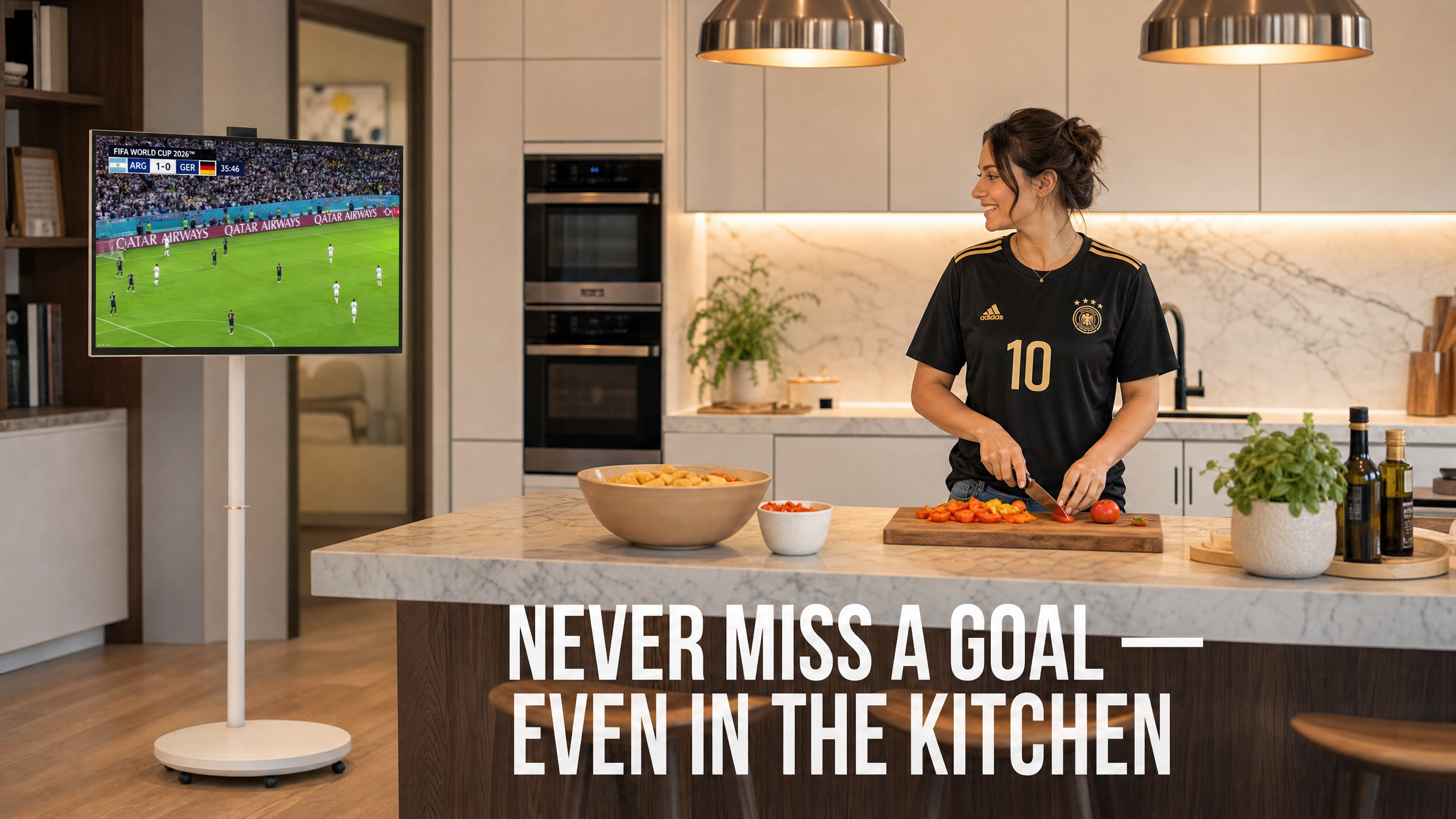 Woman cooking in kitchen while watching World Cup on Meswao portable TV on wheels