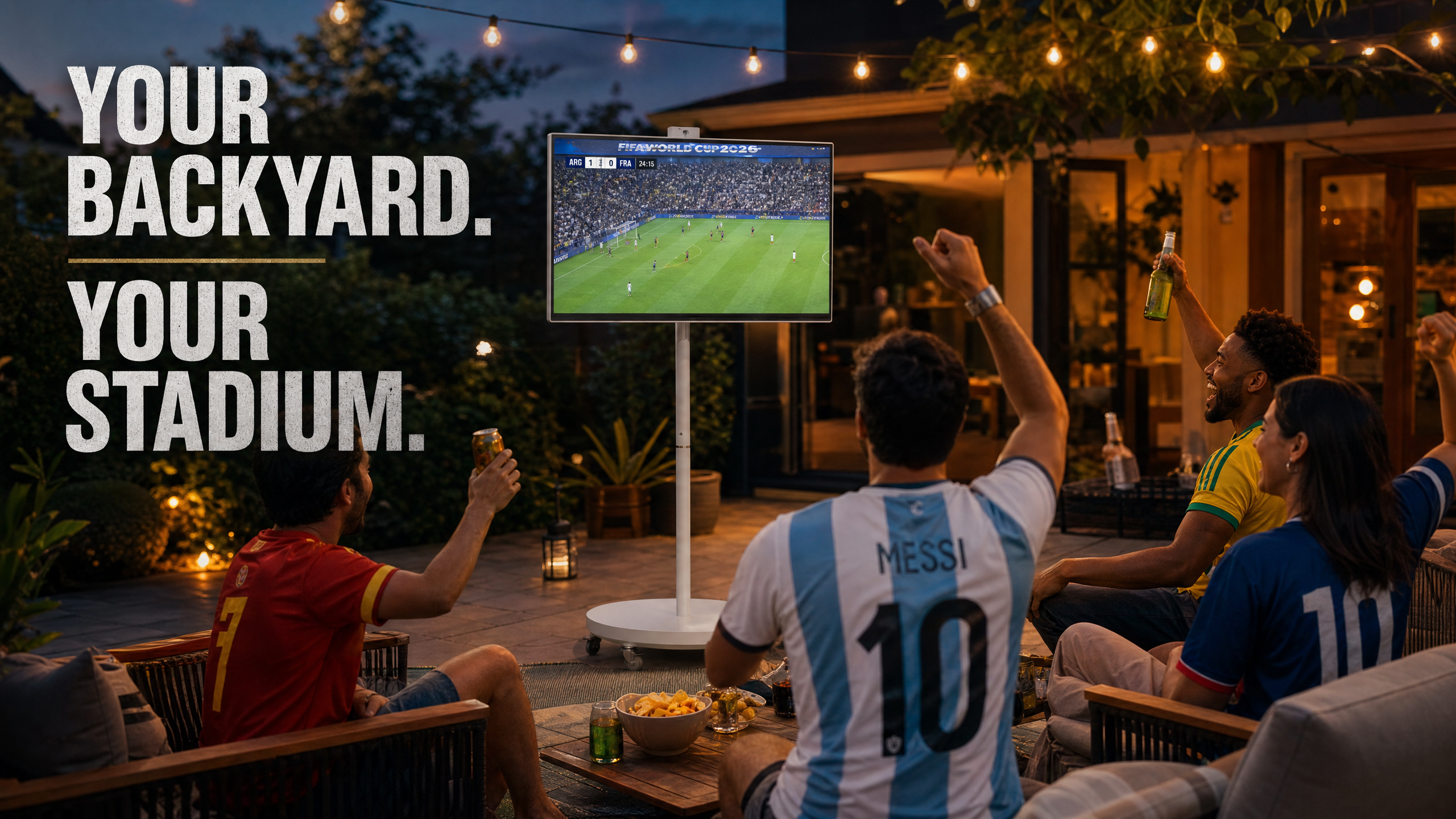 Friends watching 2026 World Cup on Meswao 32 inch portable TV on backyard patio