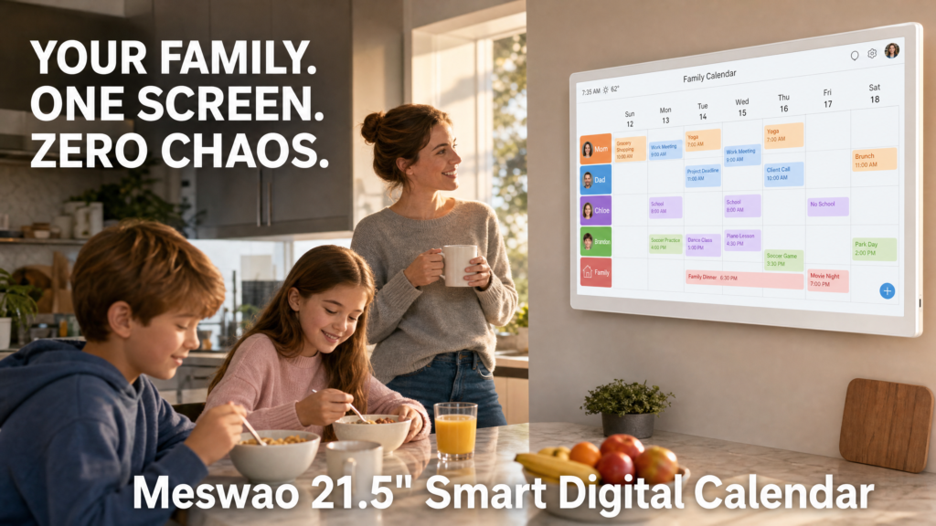 Mother and children looking at Meswao 21.5 inch digital calendar on kitchen wall in the morning