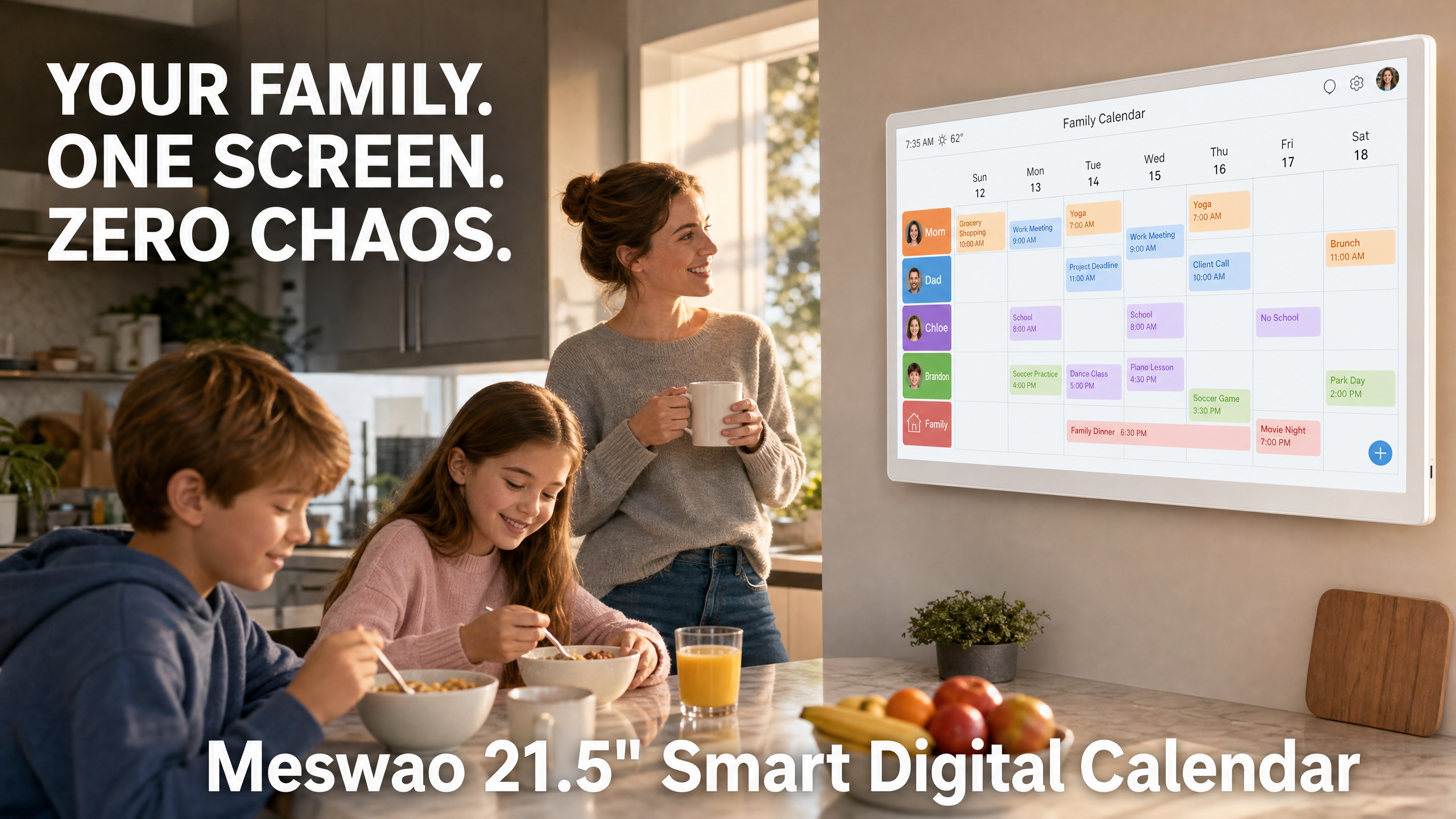 Mother and children looking at Meswao 21.5 inch digital calendar on kitchen wall in the morning