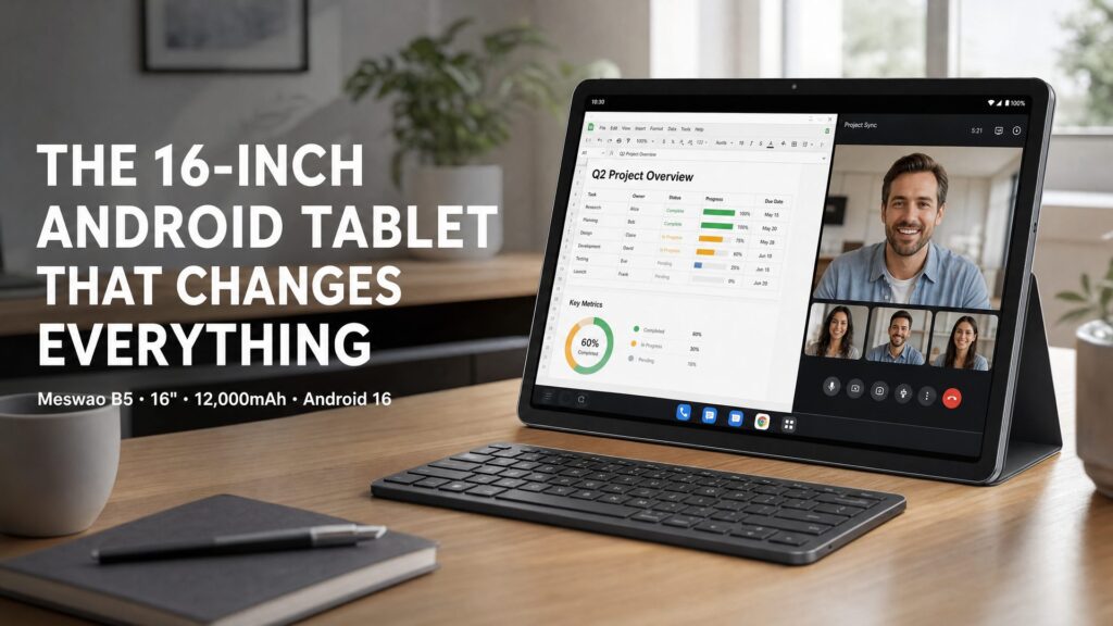 Meswao B5 16 inch Android tablet on desk with Bluetooth keyboard showing productivity apps