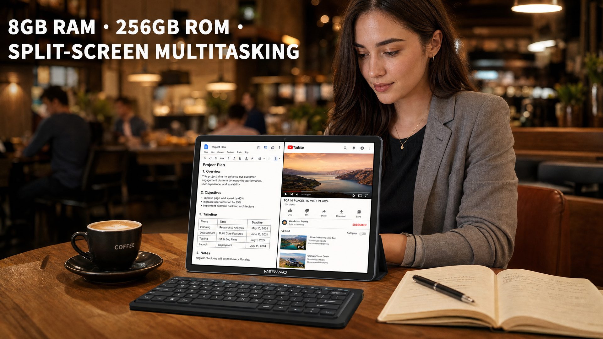Person working on Meswao B5 16 inch tablet with bluetooth keyboard at a cafe