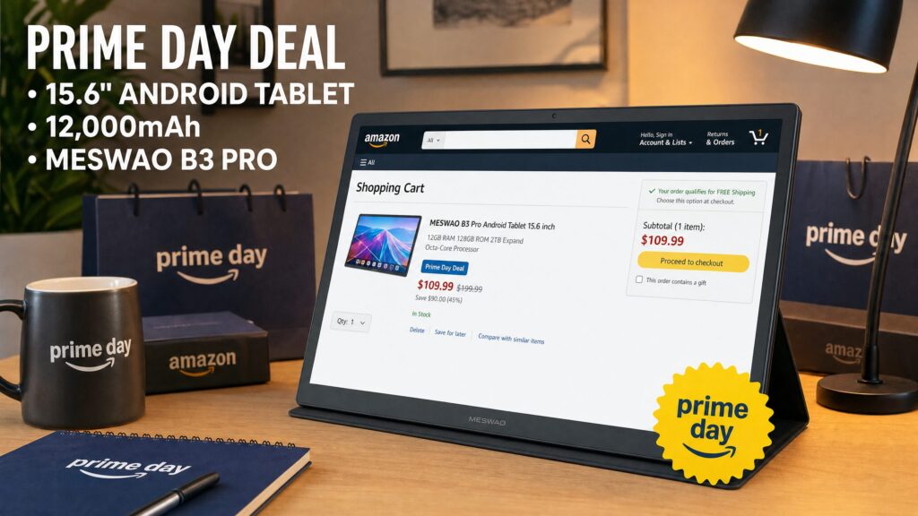 Meswao B3 Pro 15.6 inch Android tablet Prime Day deal 2026 on desk with Amazon shopping bags