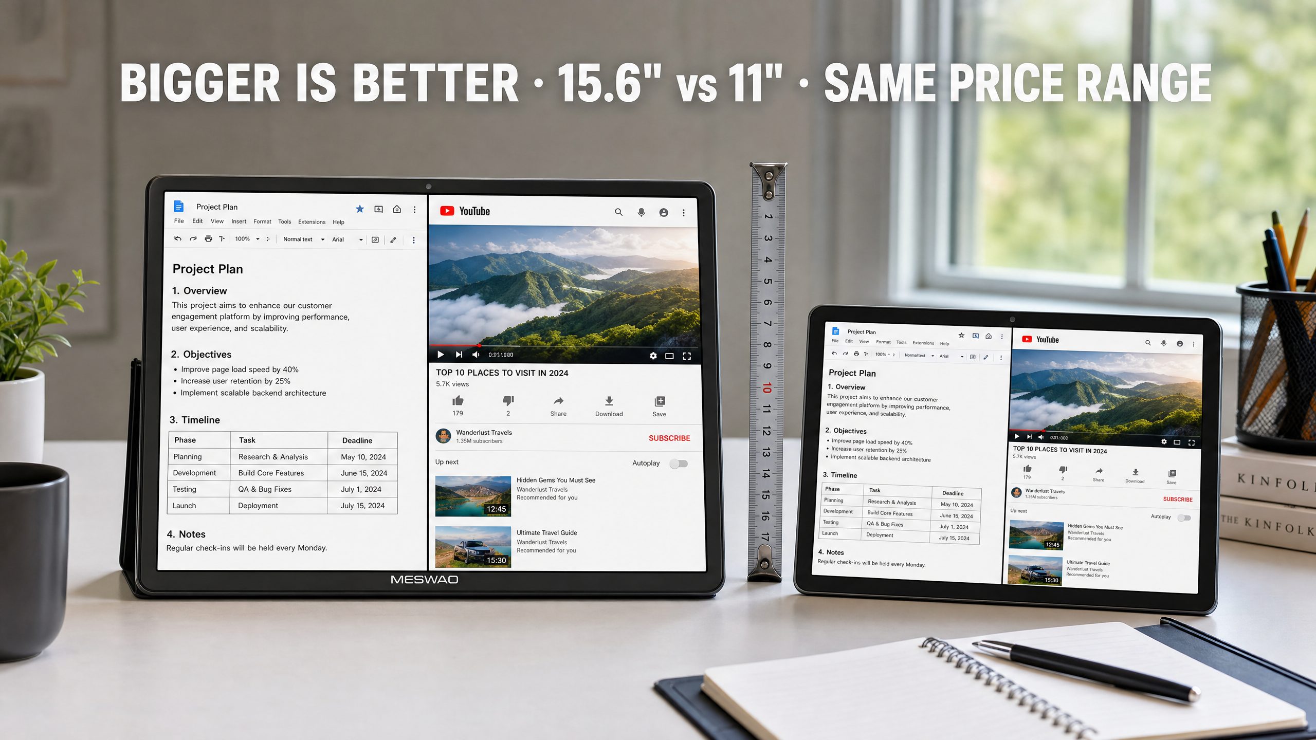 Meswao B3 Pro 15.6 inch tablet on a desk showing split screen multitasking, highlighting Prime Day value