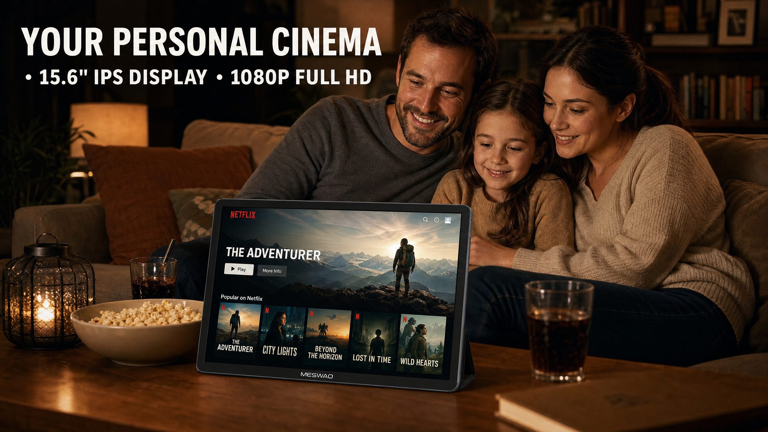 A family watching a movie on the Meswao B3 Pro 15.6 inch tablet in a dimly lit living room
