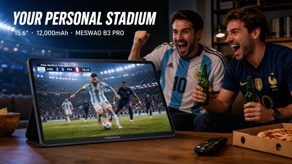 Two friends in football jerseys watching live World Cup match on Meswao B3 Pro 15.6 inch tablet
