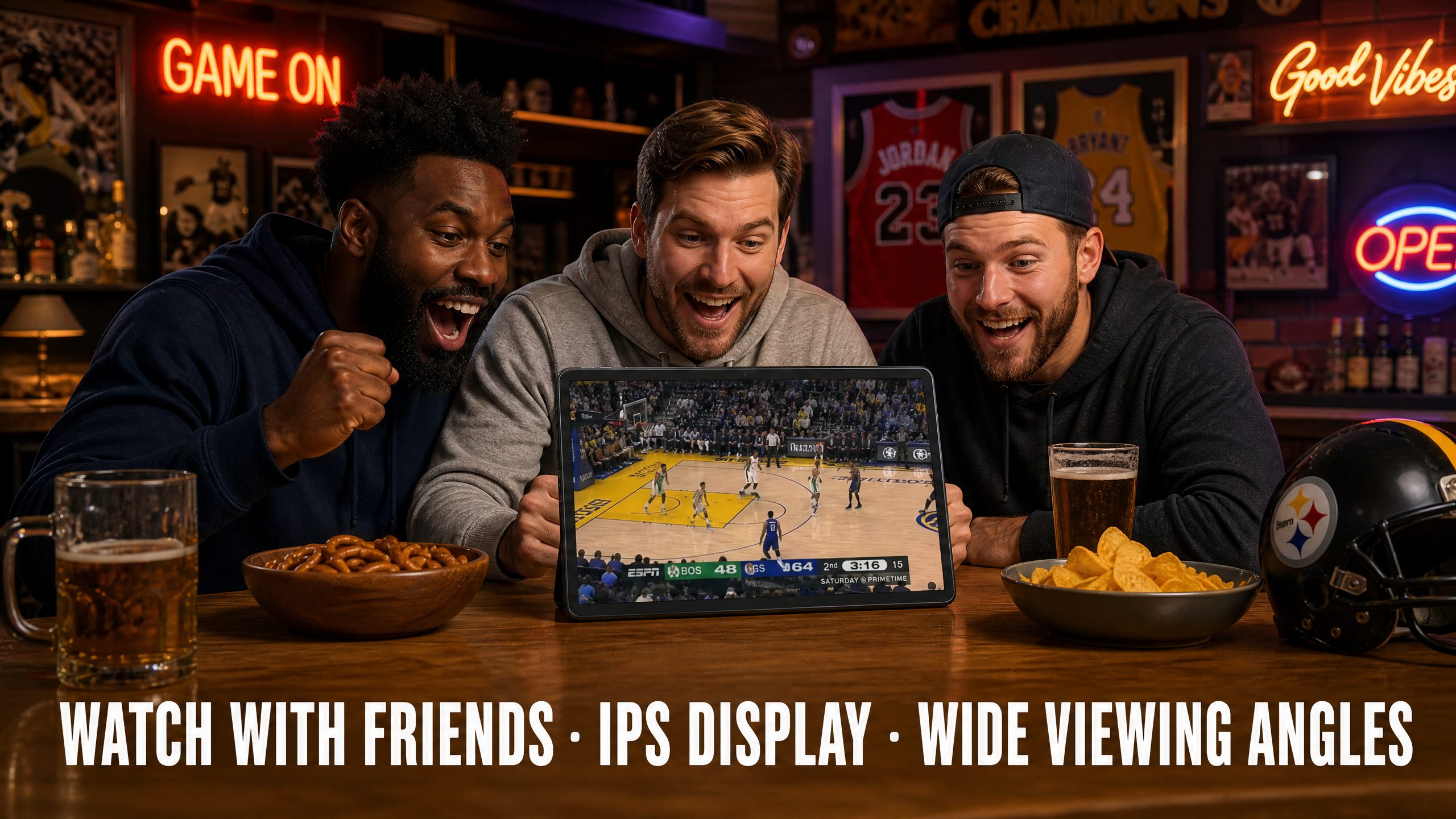 Friends watching football on Meswao B3 Pro at a sports bar