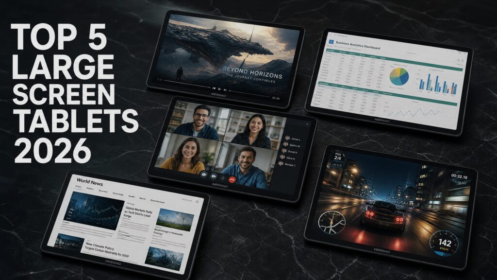 Top 5 best large screen tablets of 2026 arranged on dark marble surface