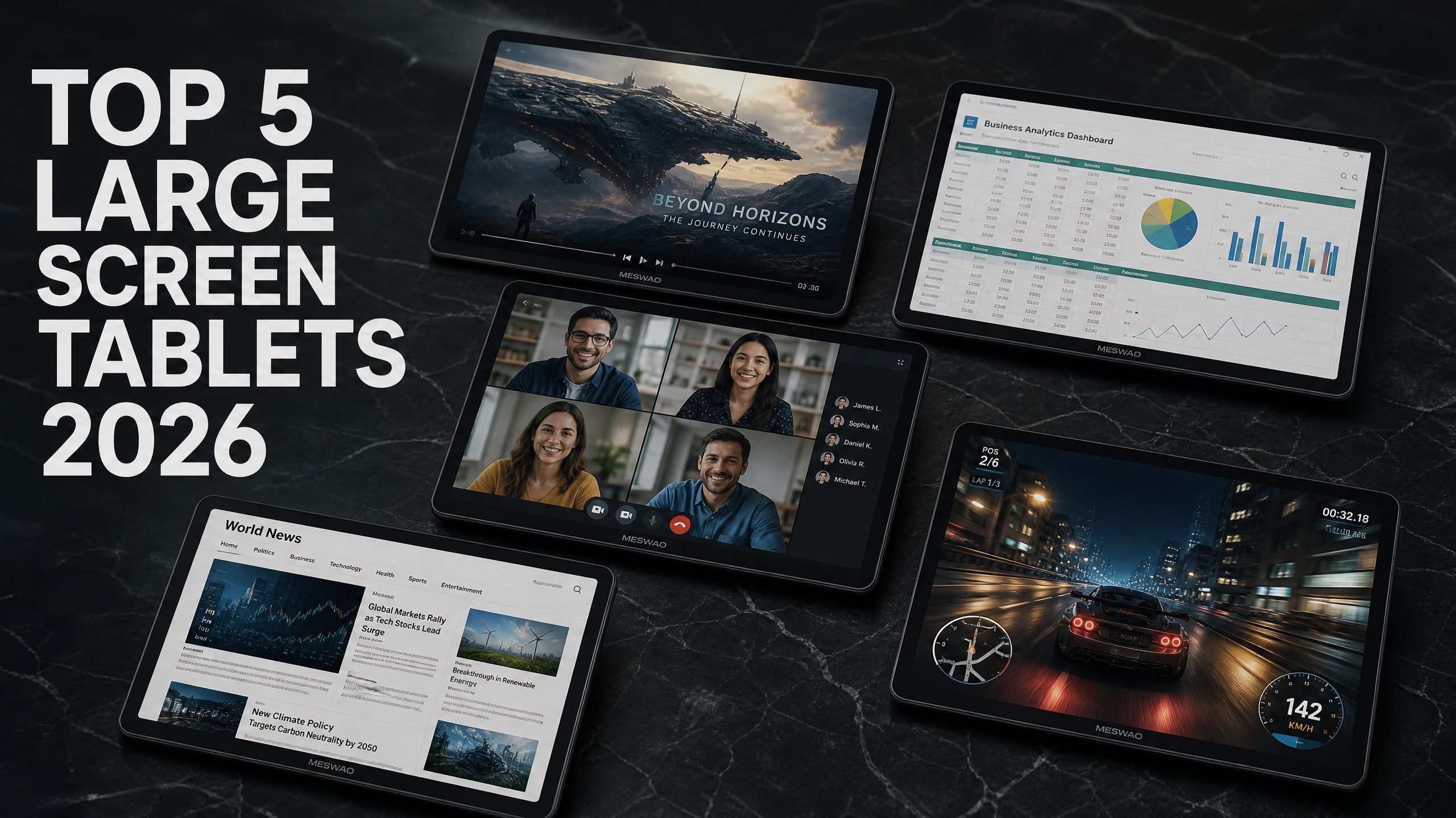 Top 5 best large screen tablets of 2026 arranged on dark marble surface