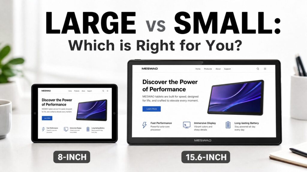 Side by side comparison of 8 inch small tablet and 15.6 inch large MESWAO tablet on white desk
