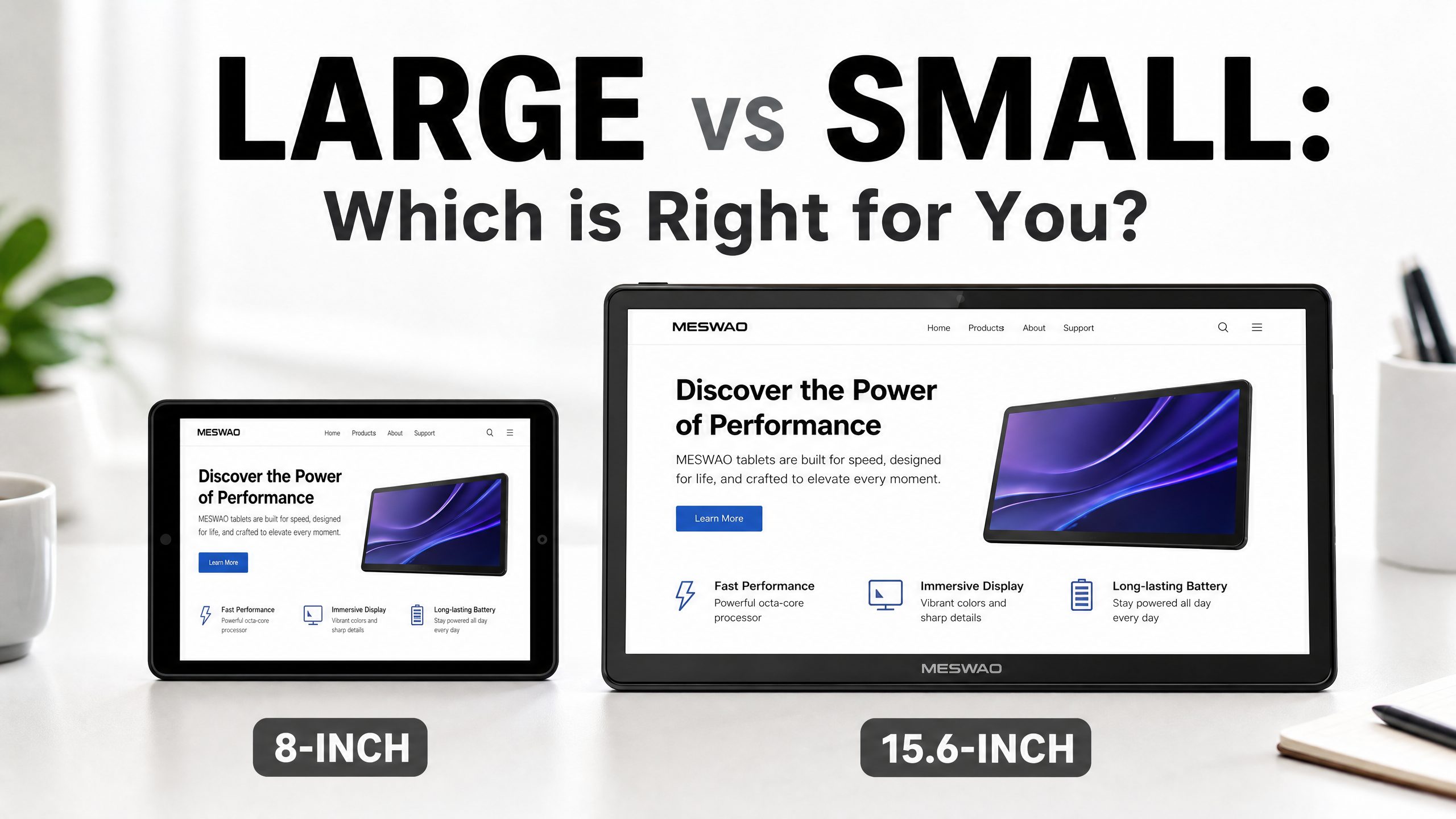 Side by side comparison of 8 inch small tablet and 15.6 inch large MESWAO tablet on white desk