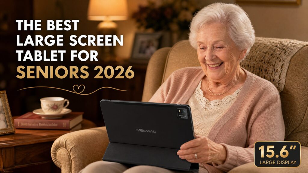 Smiling elderly woman video calling grandchildren on Meswao 15.6 inch tablet in armchair
