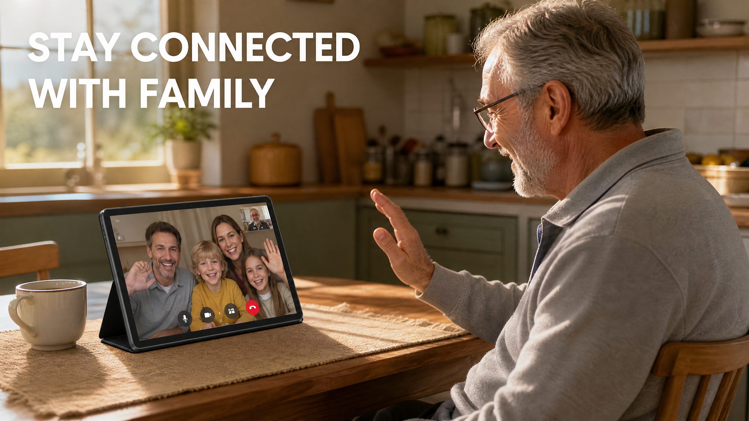 Senior woman happily video calling family on a large screen Meswao tablet