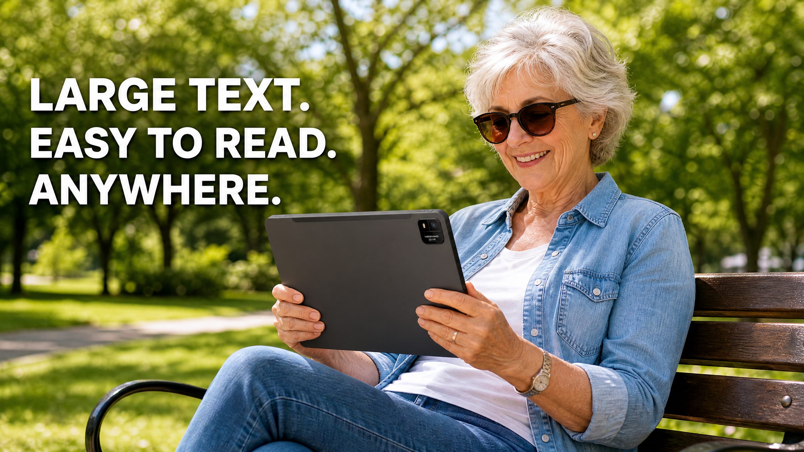 Close up of large clear text on a 15.6 inch tablet screen for easy reading