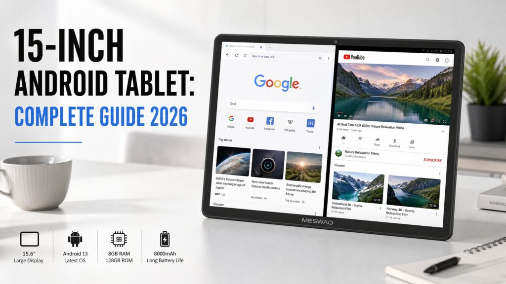 Meswao B3 Pro 15.6 inch Android tablet on desk with split screen browser and YouTube