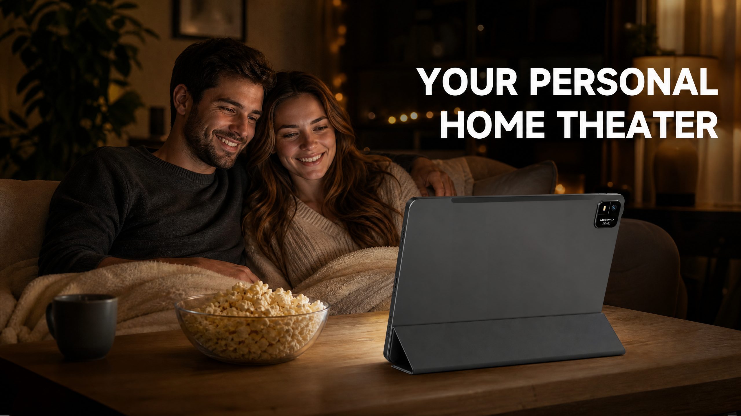 Person relaxing on sofa watching content on a 15.6 inch Meswao tablet