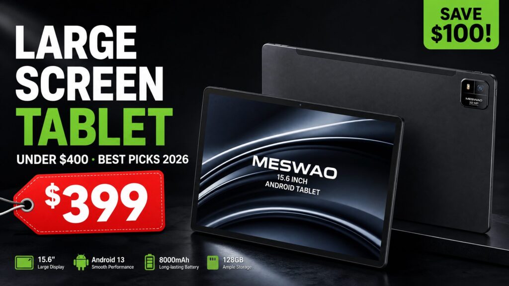 Meswao B3 Pro 15.6 inch Android tablet with $399 price tag on dark background