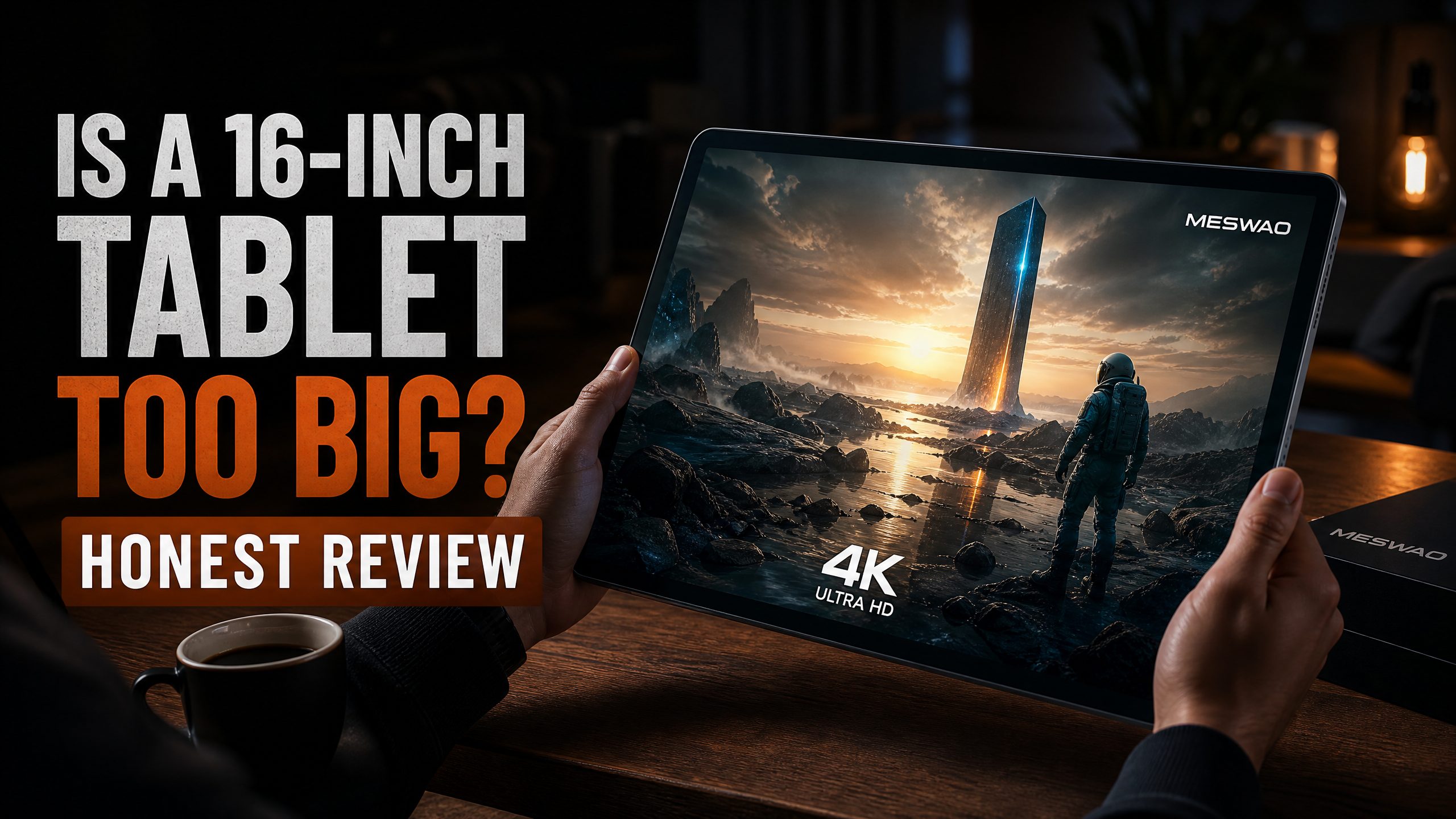 Person holding Meswao B5 16 inch tablet watching 4K movie in moody dark room