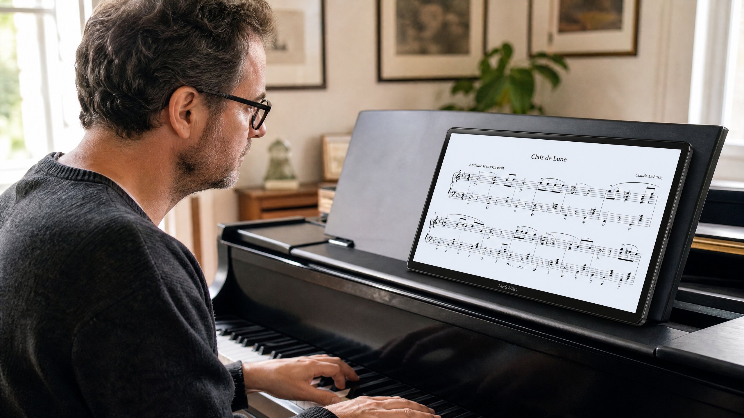 Pianist Gosse using a Meswao B3 Pro 15.6-inch tablet as a digital music stand on a piano