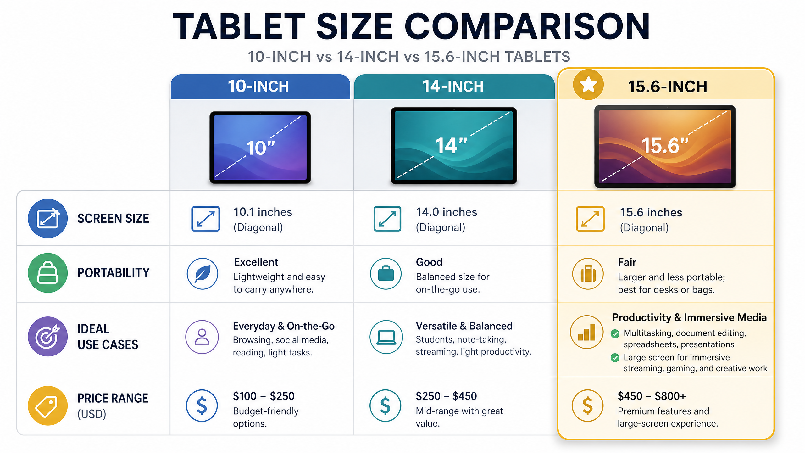 Tablet screen size comparison 10 inch vs 14 inch vs 15.6 inch