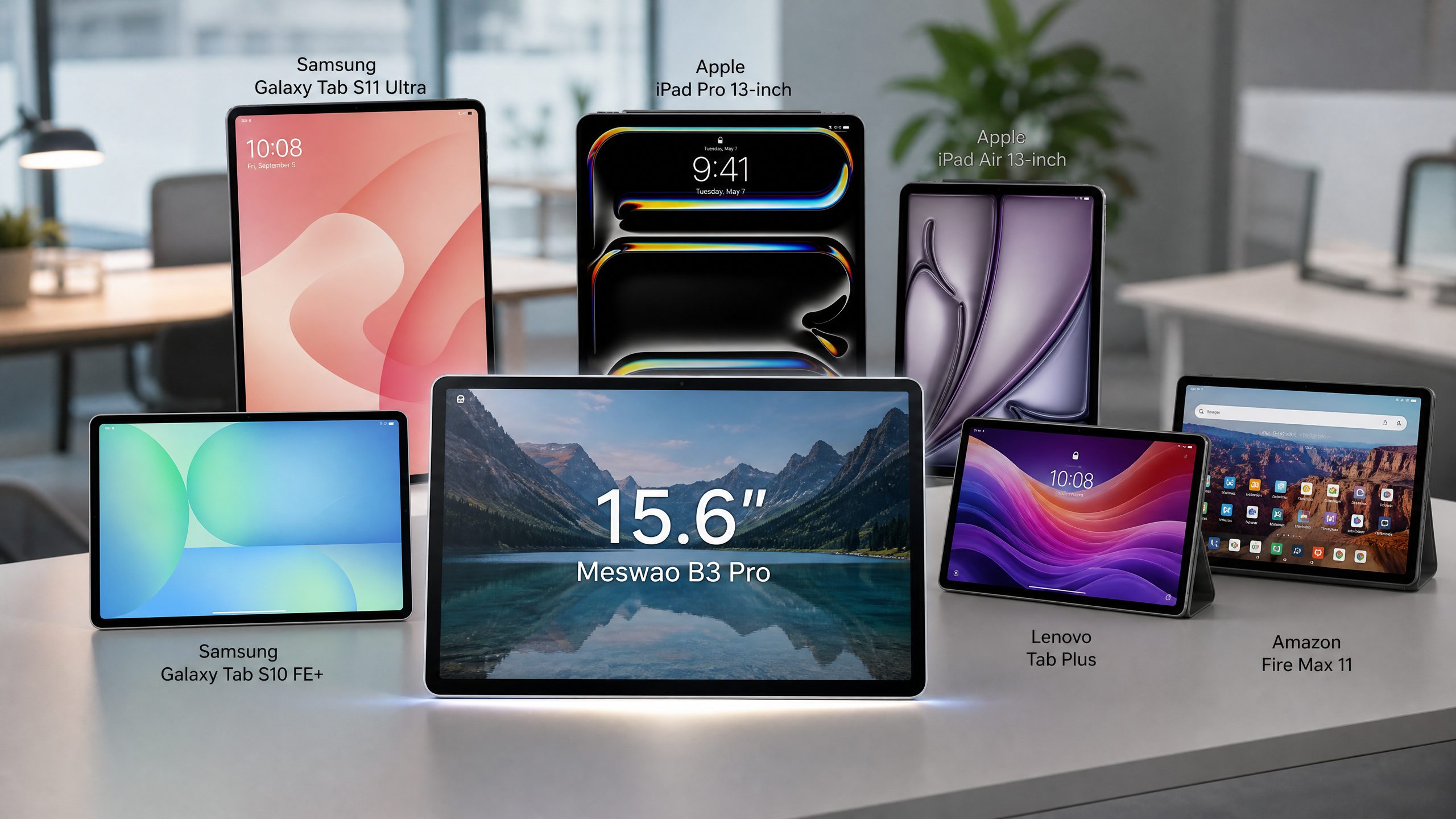 Seven large screen tablets arranged on a desk, with Meswao B3 Pro prominently featured