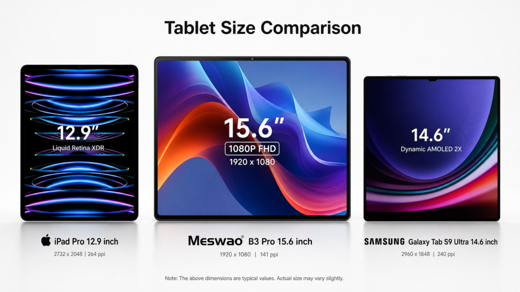 Largest Tablets Comparison - Meswao B3 Pro 15.6 inch, iPad Pro 12.9 inch, Samsung Galaxy Tab S9 Ultra 14.6 inch