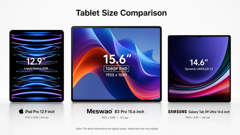 Largest Tablets Comparison - Meswao B3 Pro 15.6 inch, iPad Pro 12.9 inch, Samsung Galaxy Tab S9 Ultra 14.6 inch
