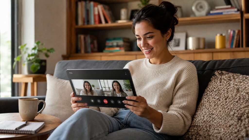 Young woman using a large 15.6-inch Android tablet for video call on sofa - lifestyle photo