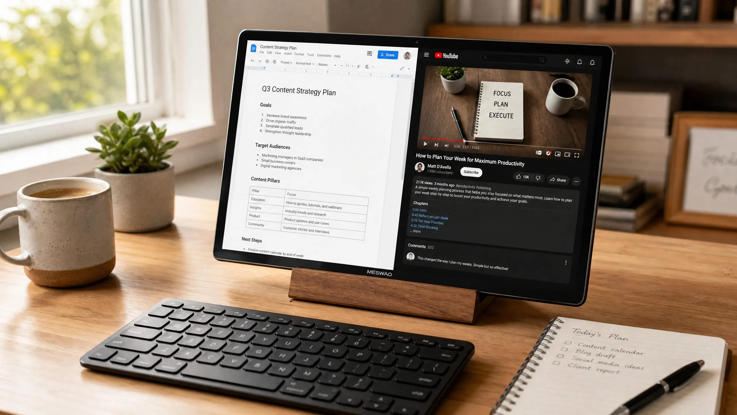 Meswao B3 Pro 15.6-inch large screen Android tablet on a desk with keyboard and coffee mug