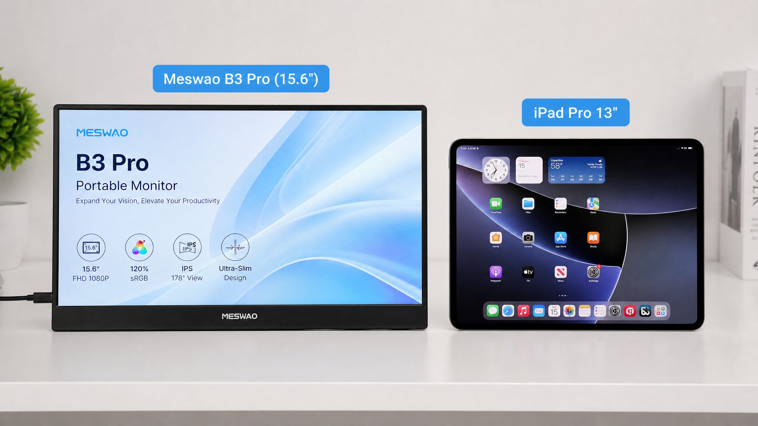 Meswao B3 Pro 15.6-inch tablet next to Apple iPad Pro 13-inch for size comparison