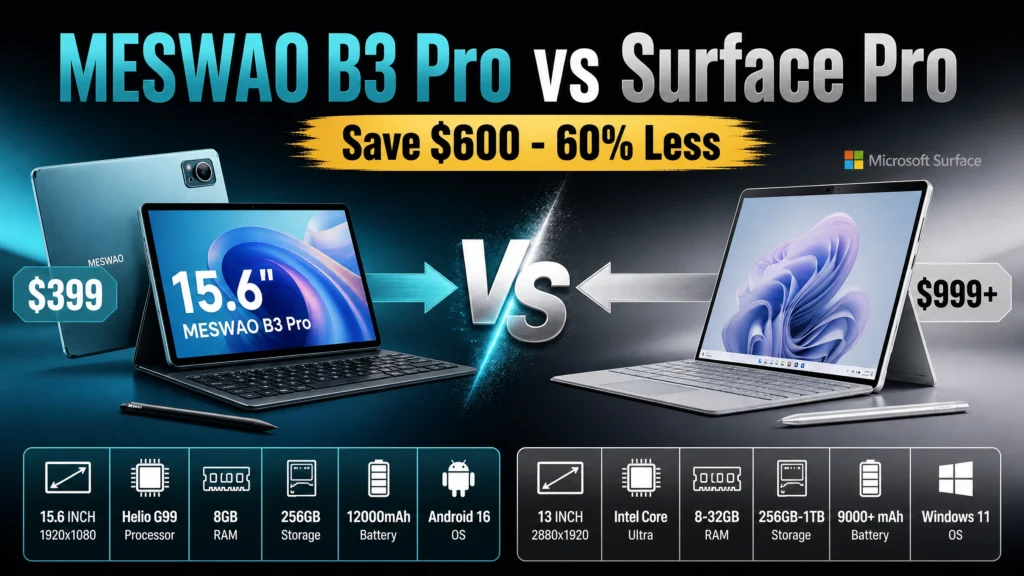 Meswao B3 Pro 15.6 inch ($399) vs Microsoft Surface Pro 13 inch ($999+) - Complete Comparison