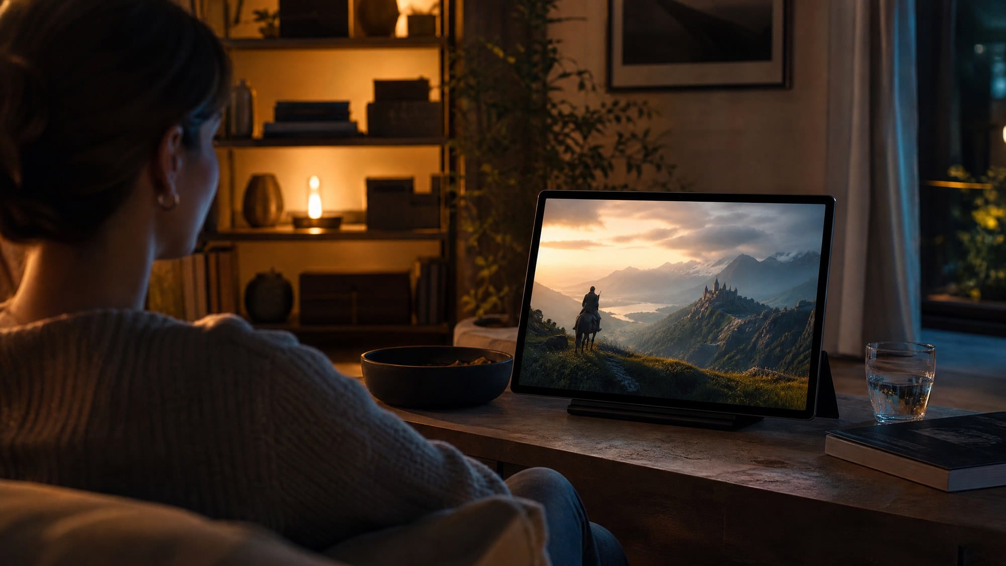 Large black Android tablet on a tabletop stand used for immersive media viewing in a living room