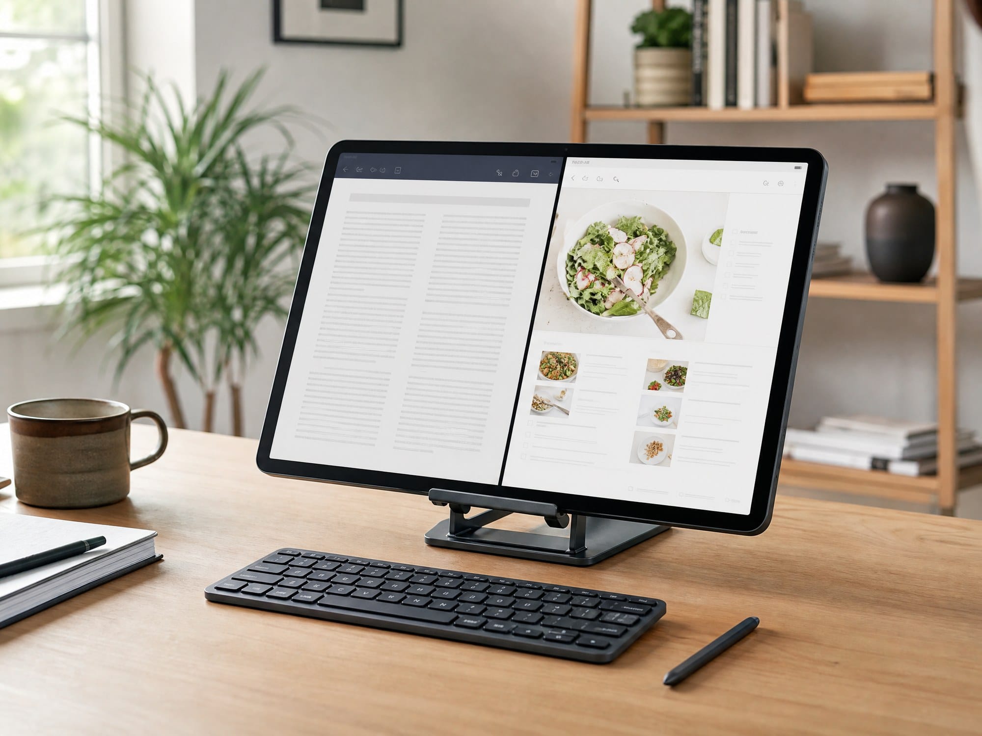 Large black Android tablet on a stand showing a two-column document and recipe workspace