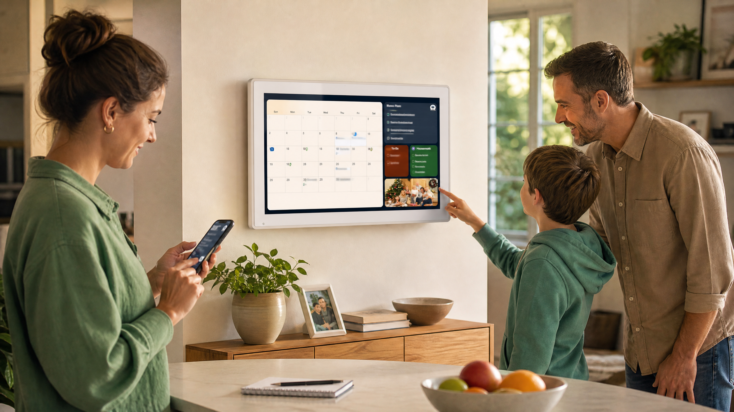 Family members using a shared touchscreen digital calendar