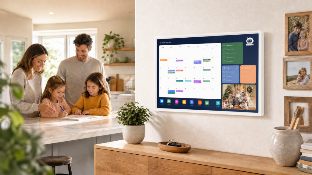 White 21.5-inch AI digital family calendar touchscreen wall planner in a family home