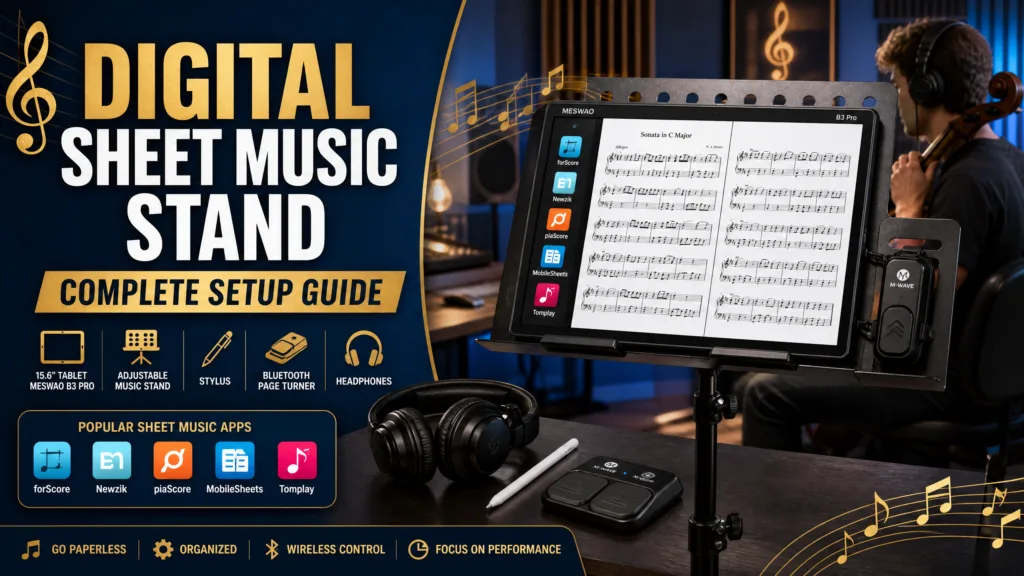 Meswao Floor Stand with Wheels showing sheet music product photo
