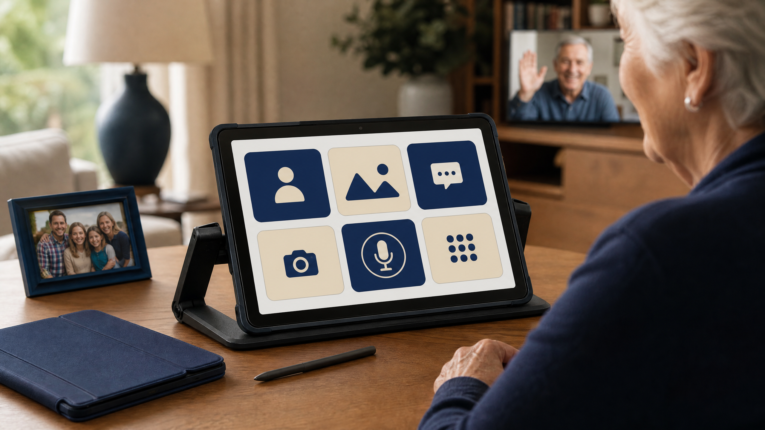 Accessible large-screen tablet setup for an elderly user with a stand and simple controls