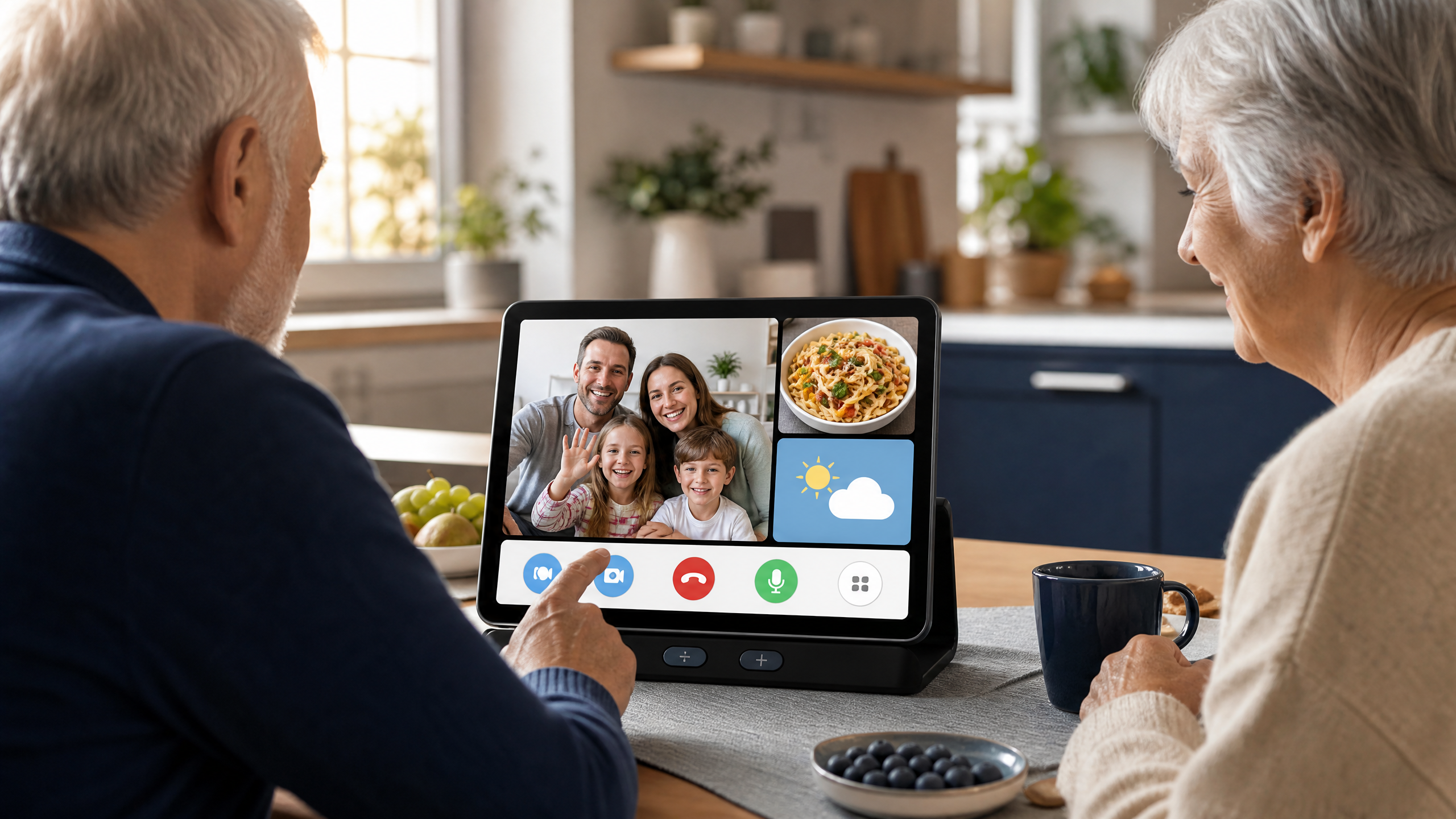 Older adults using a large-screen tablet for a family video call