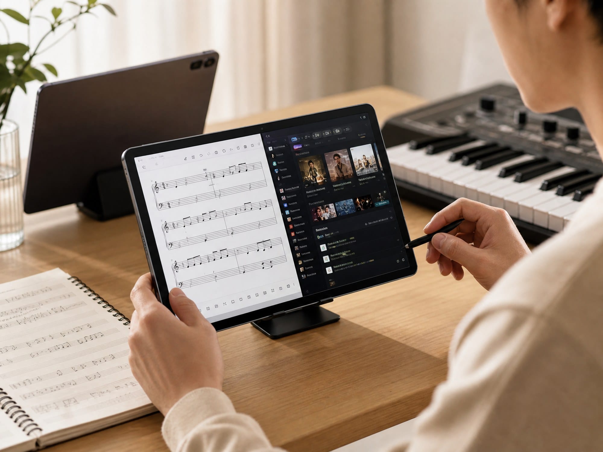 Meswao B5 16-inch black Android tablet used for sheet music and multitasking on a desk