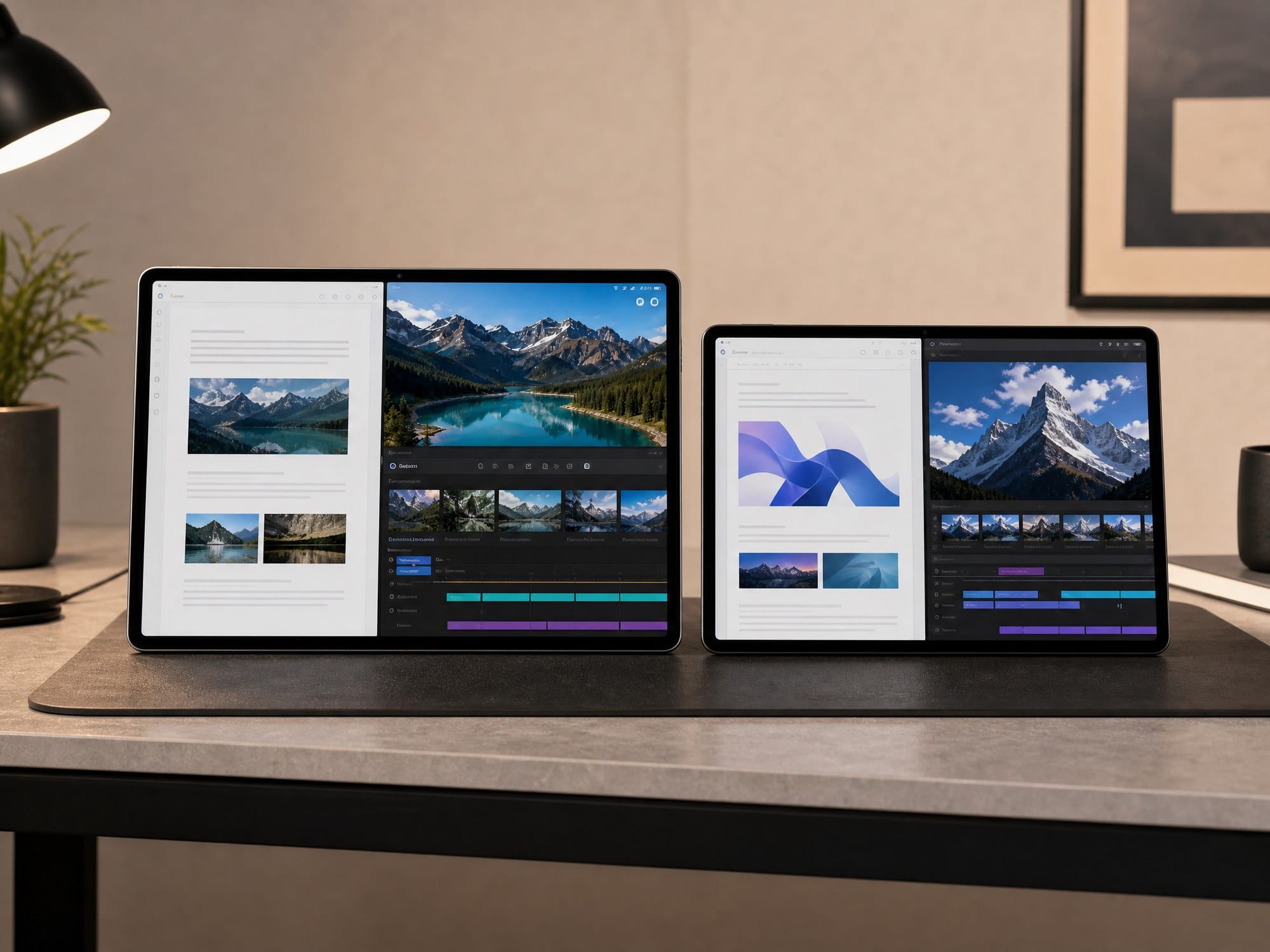 Meswao B5 16-inch tablet and Samsung Galaxy Tab S11 Ultra showing side-by-side split-screen workspaces
